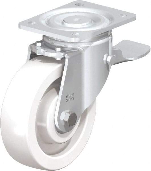 Blickle - 6-1/2" Diam x 1-31/32" Wide x 7-3/4" OAH Top Plate Mount Swivel Caster with Brake - Impact-Resistant Nylon, 1,870 Lb Capacity, Ball Bearing, 5-1/2 x 4-3/8" Plate - USA Tool & Supply
