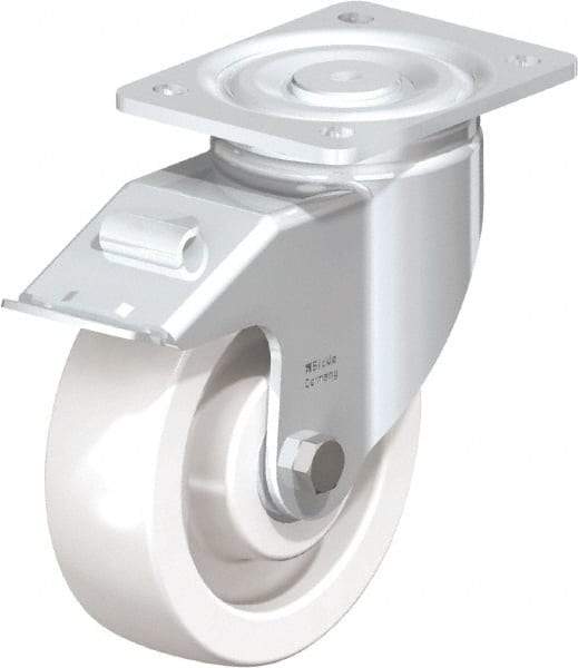 Blickle - 6-1/2" Diam x 1-31/32" Wide x 7-3/4" OAH Top Plate Mount Swivel Caster with Brake - Impact-Resistant Nylon, 1,870 Lb Capacity, Ball Bearing, 5-1/2 x 4-3/8" Plate - USA Tool & Supply