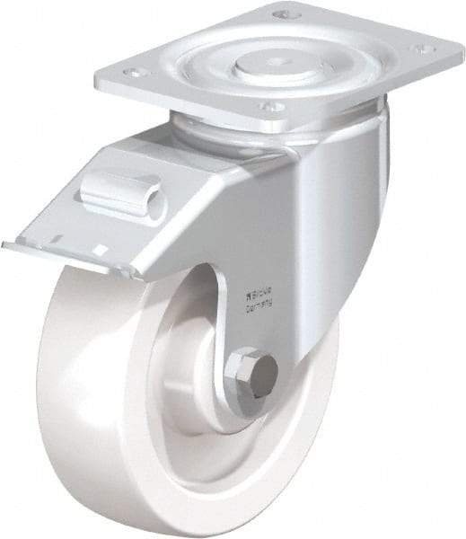 Blickle - 6-1/2" Diam x 1-31/32" Wide x 7-3/4" OAH Top Plate Mount Swivel Caster with Brake - Impact-Resistant Nylon, 1,870 Lb Capacity, Plain Bore Bearing, 5-1/2 x 4-3/8" Plate - USA Tool & Supply