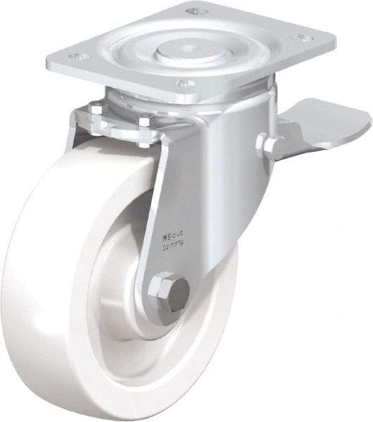 Blickle - 6-1/2" Diam x 1-31/32" Wide x 7-3/4" OAH Top Plate Mount Swivel Caster with Brake - Impact-Resistant Nylon, 1,870 Lb Capacity, Plain Bore Bearing, 5-1/2 x 4-3/8" Plate - USA Tool & Supply