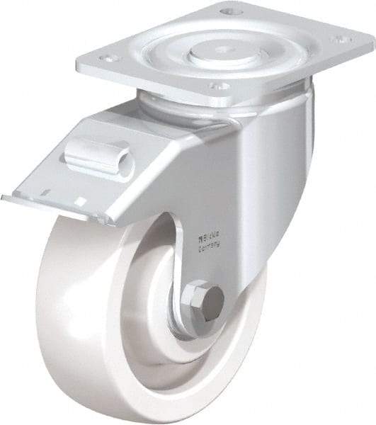 Blickle - 6" Diam x 1-31/32" Wide x 7-3/4" OAH Top Plate Mount Swivel Caster with Brake - Impact-Resistant Nylon, 1,760 Lb Capacity, Ball Bearing, 5-1/2 x 4-3/8" Plate - USA Tool & Supply