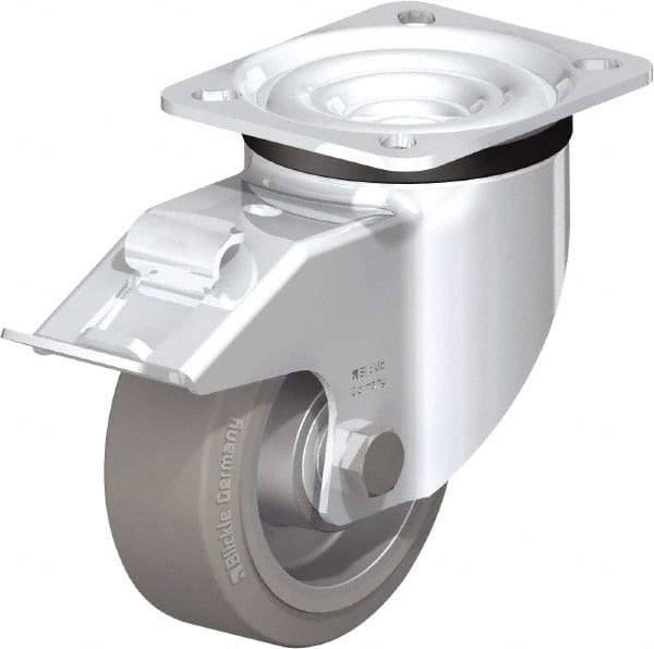 Blickle - 4" Diam x 1-37/64" Wide x 5-7/64" OAH Top Plate Mount Swivel Caster with Brake - Solid Rubber, 440 Lb Capacity, Ball Bearing, 3-15/16 x 3-3/8" Plate - USA Tool & Supply