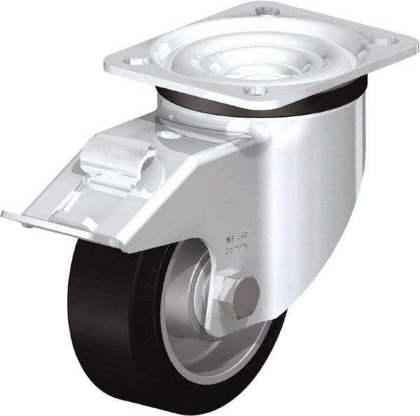 Blickle - 4" Diam x 1-37/64" Wide x 5-7/64" OAH Top Plate Mount Swivel Caster with Brake - Solid Rubber, 440 Lb Capacity, Ball Bearing, 3-15/16 x 3-3/8" Plate - USA Tool & Supply
