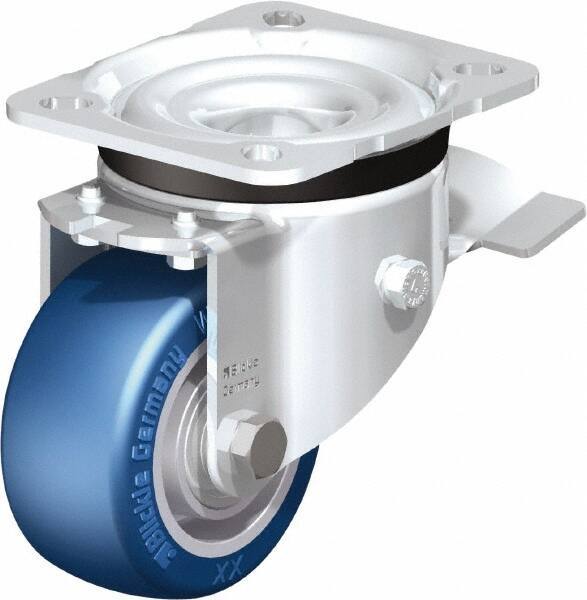 Blickle - 3" Diam x 1-37/64" Wide x 4-21/64" OAH Top Plate Mount Swivel Caster with Brake - Polyurethane-Elastomer Blickle Besthane, 506 Lb Capacity, Ball Bearing, 3-15/16 x 3-3/8" Plate - USA Tool & Supply