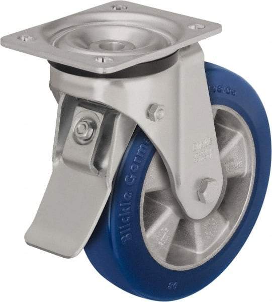 Blickle - 8" Diam x 1-31/32" Wide x 9-41/64" OAH Top Plate Mount Swivel Caster with Brake - Polyurethane-Elastomer Blickle Besthane, 1,320 Lb Capacity, Ball Bearing, 5-1/2 x 4-3/8" Plate - USA Tool & Supply