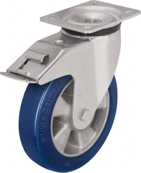 Blickle - 6-1/2" Diam x 1-31/32" Wide x 7-61/64" OAH Top Plate Mount Swivel Caster with Brake - Polyurethane-Elastomer Blickle Besthane, 1,210 Lb Capacity, Ball Bearing, 5-1/2 x 4-3/8" Plate - USA Tool & Supply