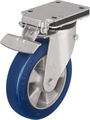 Blickle - 8" Diam x 1-31/32" Wide x 10-5/16" OAH Top Plate Mount Swivel Caster with Brake - Polyurethane-Elastomer Blickle Besthane, 1,320 Lb Capacity, Ball Bearing, 5-1/2 x 4-3/8" Plate - USA Tool & Supply