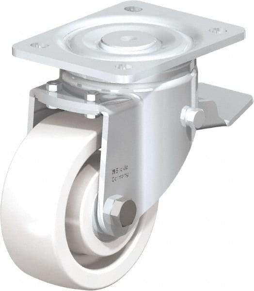 Blickle - 5" Diam x 1-31/32" Wide x 6-11/16" OAH Top Plate Mount Swivel Caster with Brake - Impact-Resistant Nylon, 1,650 Lb Capacity, Ball Bearing, 5-1/2 x 4-3/8" Plate - USA Tool & Supply