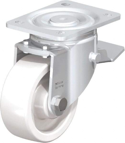 Blickle - 5" Diam x 1-31/32" Wide x 6-11/16" OAH Top Plate Mount Swivel Caster with Brake - Impact-Resistant Nylon, 1,650 Lb Capacity, Plain Bore Bearing, 5-1/2 x 4-3/8" Plate - USA Tool & Supply
