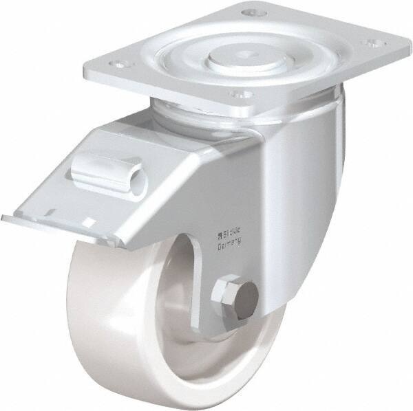 Blickle - 5" Diam x 1-31/32" Wide x 6-11/16" OAH Top Plate Mount Swivel Caster with Brake - Impact-Resistant Nylon, 1,650 Lb Capacity, Plain Bore Bearing, 5-1/2 x 4-3/8" Plate - USA Tool & Supply