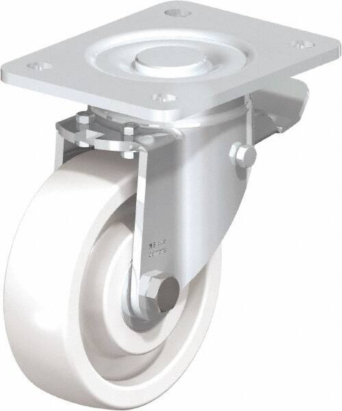 Blickle - 5" Diam x 1-29/64" Wide x 6-1/2" OAH Top Plate Mount Swivel Caster with Brake - Impact-Resistant Nylon, 1,540 Lb Capacity, Ball Bearing, 5-1/2 x 4-3/8" Plate - USA Tool & Supply