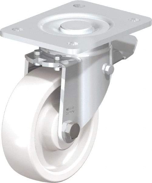 Blickle - 5" Diam x 1-29/64" Wide x 6-1/2" OAH Top Plate Mount Swivel Caster with Brake - Impact-Resistant Nylon, 1,540 Lb Capacity, Plain Bore Bearing, 5-1/2 x 4-3/8" Plate - USA Tool & Supply