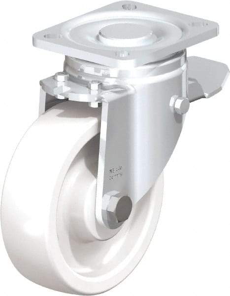 Blickle - 5" Diam x 1-29/64" Wide x 6-1/2" OAH Top Plate Mount Swivel Caster with Brake - Impact-Resistant Nylon, 1,540 Lb Capacity, Plain Bore Bearing, 3-15/16 x 3-3/8" Plate - USA Tool & Supply
