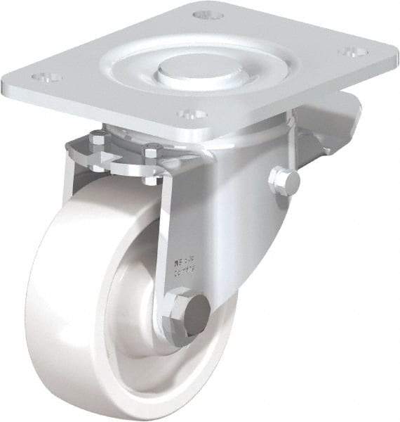 Blickle - 4" Diam x 1-29/64" Wide x 5-33/64" OAH Top Plate Mount Swivel Caster with Brake - Impact-Resistant Nylon, 1,100 Lb Capacity, Plain Bore Bearing, 5-1/2 x 4-3/8" Plate - USA Tool & Supply
