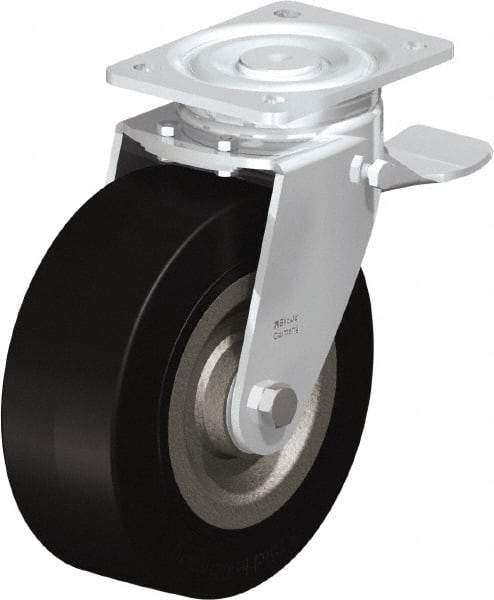 Blickle - 8" Diam x 3-9/64" Wide x 9-41/64" OAH Top Plate Mount Swivel Caster with Brake - Solid Rubber, 1,870 Lb Capacity, Ball Bearing, 5-1/2 x 4-3/8" Plate - USA Tool & Supply