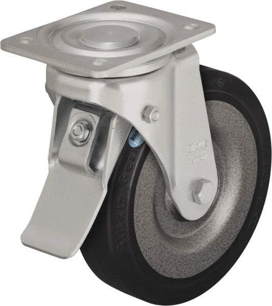 Blickle - 6-1/2" Diam x 1-31/32" Wide x 7-61/64" OAH Top Plate Mount Swivel Caster with Brake - Solid Rubber, 990 Lb Capacity, Ball Bearing, 5-1/2 x 4-3/8" Plate - USA Tool & Supply