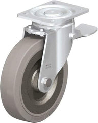 Blickle - 8" Diam x 1-31/32" Wide x 9-41/64" OAH Top Plate Mount Swivel Caster with Brake - Solid Rubber, 1,320 Lb Capacity, Ball Bearing, 5-1/2 x 4-3/8" Plate - USA Tool & Supply