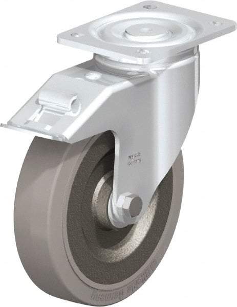 Blickle - 8" Diam x 1-31/32" Wide x 9-41/64" OAH Top Plate Mount Swivel Caster with Brake - Solid Rubber, 1,320 Lb Capacity, Ball Bearing, 5-1/2 x 4-3/8" Plate - USA Tool & Supply