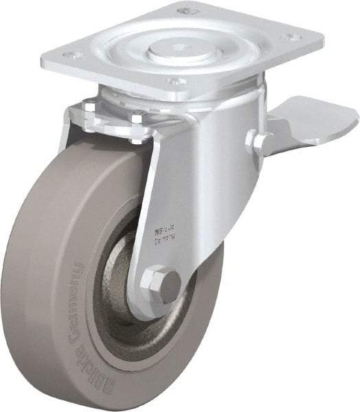 Blickle - 6-1/2" Diam x 1-31/32" Wide x 7-61/64" OAH Top Plate Mount Swivel Caster with Brake - Solid Rubber, 990 Lb Capacity, Ball Bearing, 5-1/2 x 4-3/8" Plate - USA Tool & Supply