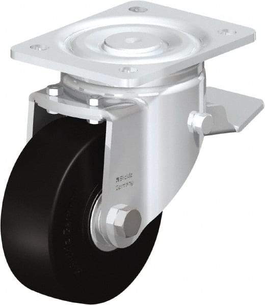 Blickle - 5" Diam x 1-31/32" Wide x 6-11/16" OAH Top Plate Mount Swivel Caster with Brake - Solid Rubber, 704 Lb Capacity, Ball Bearing, 5-1/2 x 4-3/8" Plate - USA Tool & Supply