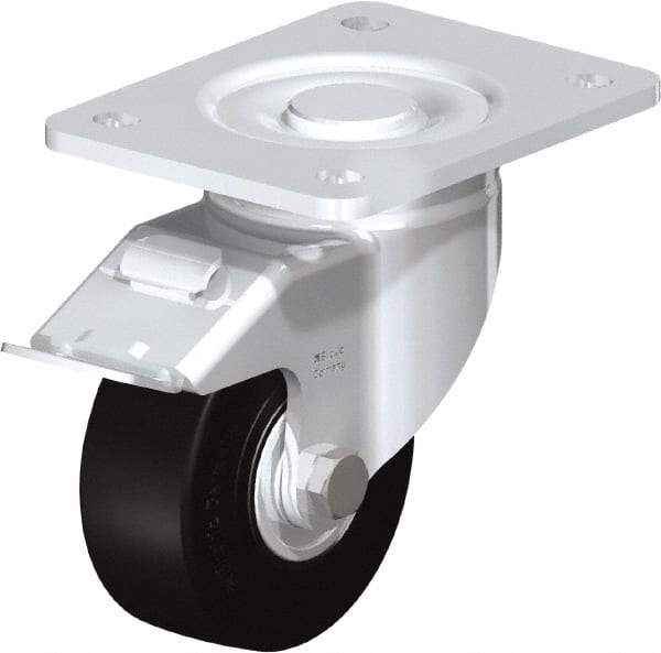 Blickle - 4" Diam x 1-49/64" Wide x 5-33/64" OAH Top Plate Mount Swivel Caster with Brake - Solid Rubber, 594 Lb Capacity, Ball Bearing, 5-1/2 x 4-3/8" Plate - USA Tool & Supply