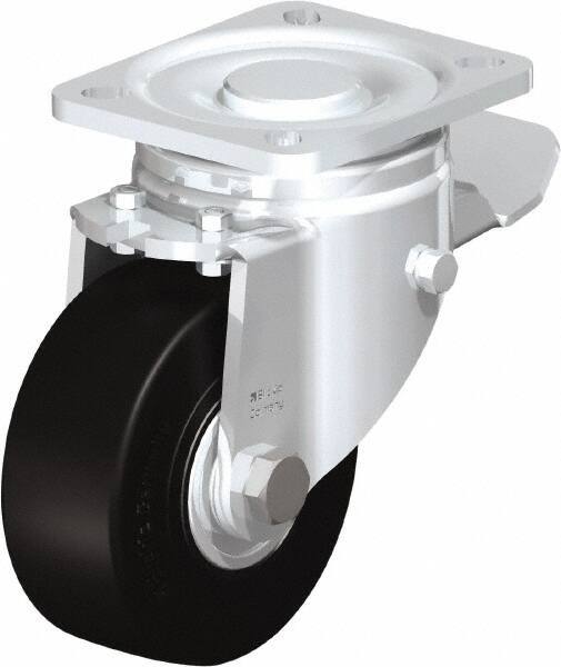 Blickle - 4" Diam x 1-49/64" Wide x 5-33/64" OAH Top Plate Mount Swivel Caster with Brake - Solid Rubber, 594 Lb Capacity, Ball Bearing, 3-15/16 x 3-3/8" Plate - USA Tool & Supply