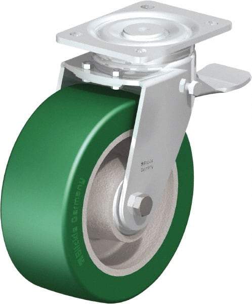Blickle - 8" Diam x 3-9/64" Wide x 9-41/64" OAH Top Plate Mount Swivel Caster with Brake - Polyurethane-Elastomer Blickle Softhane, 1,760 Lb Capacity, Ball Bearing, 5-1/2 x 4-3/8" Plate - USA Tool & Supply