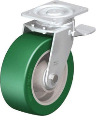 Blickle - 8" Diam x 3-9/64" Wide x 9-41/64" OAH Top Plate Mount Swivel Caster with Brake - Polyurethane-Elastomer Blickle Softhane, 1,760 Lb Capacity, Ball Bearing, 5-1/2 x 4-3/8" Plate - USA Tool & Supply