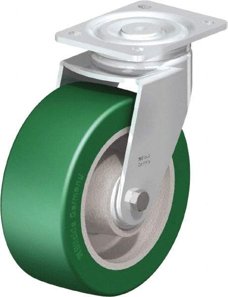 Blickle - 8" Diam x 3-9/64" Wide x 9-41/64" OAH Top Plate Mount Swivel Caster - Polyurethane-Elastomer Blickle Softhane, 1,760 Lb Capacity, Ball Bearing, 5-1/2 x 4-3/8" Plate - USA Tool & Supply