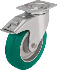 Blickle - 5" Diam x 1-31/32" Wide x 6-11/16" OAH Top Plate Mount Swivel Caster with Brake - Polyurethane-Elastomer Blickle Softhane, 990 Lb Capacity, Ball Bearing, 5-1/2 x 4-3/8" Plate - USA Tool & Supply