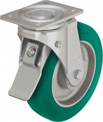 Blickle - 6-1/2" Diam x 1-31/32" Wide x 7-61/64" OAH Top Plate Mount Swivel Caster with Brake - Polyurethane-Elastomer Blickle Softhane, 1,320 Lb Capacity, Ball Bearing, 5-1/2 x 4-3/8" Plate - USA Tool & Supply