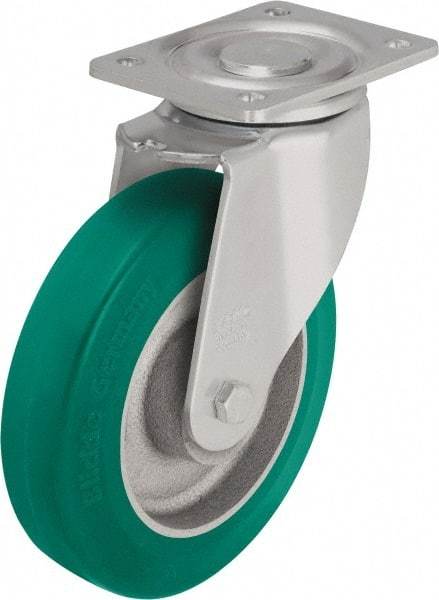 Blickle - 10" Diam x 2-23/64" Wide x 11-39/64" OAH Top Plate Mount Swivel Caster - Polyurethane-Elastomer Blickle Softhane, 1,980 Lb Capacity, Ball Bearing, 5-1/2 x 4-3/8" Plate - USA Tool & Supply