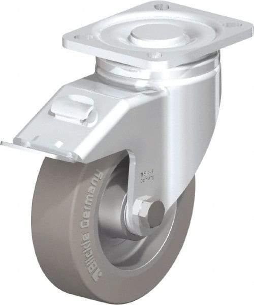 Blickle - 5" Diam x 1-9/16" Wide x 6-1/2" OAH Top Plate Mount Swivel Caster with Brake - Solid Rubber, 550 Lb Capacity, Ball Bearing, 3-15/16 x 3-3/8" Plate - USA Tool & Supply