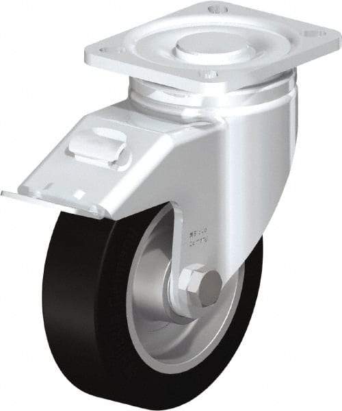 Blickle - 5" Diam x 1-9/16" Wide x 6-1/2" OAH Top Plate Mount Swivel Caster with Brake - Solid Rubber, 550 Lb Capacity, Ball Bearing, 3-15/16 x 3-3/8" Plate - USA Tool & Supply