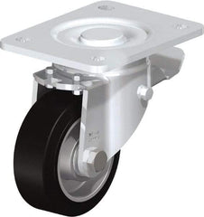 Blickle - 4" Diam x 1-9/16" Wide x 5-33/64" OAH Top Plate Mount Swivel Caster with Brake - Solid Rubber, 440 Lb Capacity, Ball Bearing, 5-1/2 x 4-3/8" Plate - USA Tool & Supply