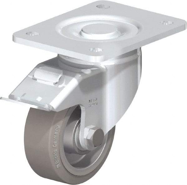 Blickle - 4" Diam x 1-9/16" Wide x 5-33/64" OAH Top Plate Mount Swivel Caster with Brake - Solid Rubber, 440 Lb Capacity, Ball Bearing, 5-1/2 x 4-3/8" Plate - USA Tool & Supply
