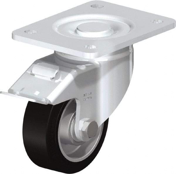 Blickle - 4" Diam x 1-9/16" Wide x 5-33/64" OAH Top Plate Mount Swivel Caster with Brake - Solid Rubber, 440 Lb Capacity, Ball Bearing, 5-1/2 x 4-3/8" Plate - USA Tool & Supply