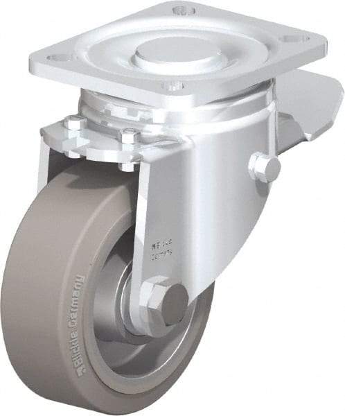 Blickle - 4" Diam x 1-9/16" Wide x 5-33/64" OAH Top Plate Mount Swivel Caster with Brake - Solid Rubber, 440 Lb Capacity, Ball Bearing, 3-15/16 x 3-3/8" Plate - USA Tool & Supply