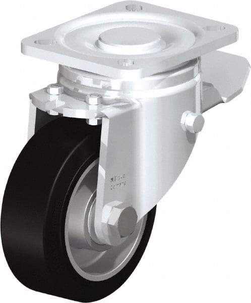 Blickle - 4" Diam x 1-9/16" Wide x 5-33/64" OAH Top Plate Mount Swivel Caster with Brake - Solid Rubber, 440 Lb Capacity, Ball Bearing, 3-15/16 x 3-3/8" Plate - USA Tool & Supply