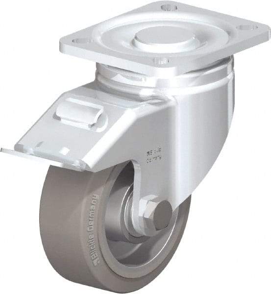 Blickle - 4" Diam x 1-9/16" Wide x 5-33/64" OAH Top Plate Mount Swivel Caster with Brake - Solid Rubber, 440 Lb Capacity, Ball Bearing, 3-15/16 x 3-3/8" Plate - USA Tool & Supply