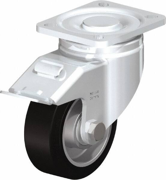 Blickle - 4" Diam x 1-9/16" Wide x 5-33/64" OAH Top Plate Mount Swivel Caster with Brake - Solid Rubber, 440 Lb Capacity, Ball Bearing, 3-15/16 x 3-3/8" Plate - USA Tool & Supply