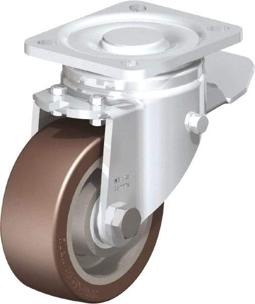 Blickle - 4" Diam x 1-37/64" Wide x 5-33/64" OAH Top Plate Mount Swivel Caster with Brake - Polyurethane-Elastomer Blickle Softhane, 880 Lb Capacity, Ball Bearing, 3-15/16 x 3-3/8" Plate - USA Tool & Supply