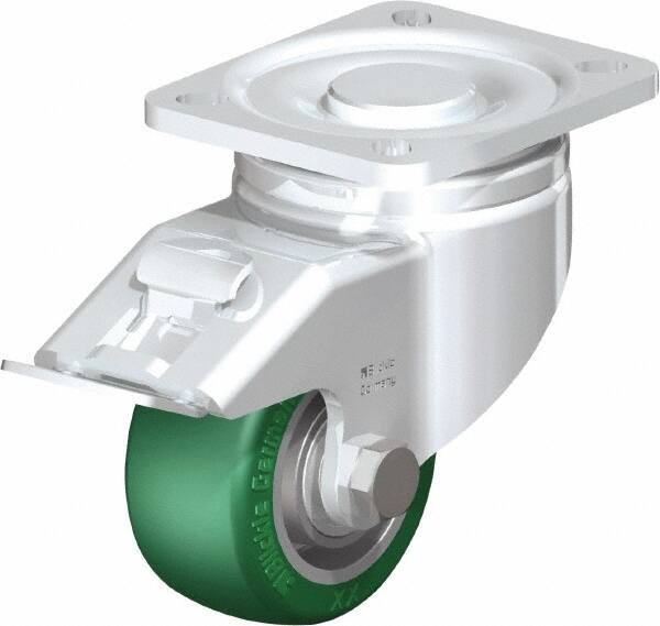 Blickle - 3" Diam x 1-9/16" Wide x 4-23/32" OAH Top Plate Mount Swivel Caster with Brake - Polyurethane-Elastomer Blickle Softhane, 506 Lb Capacity, Ball Bearing, 3-15/16 x 3-3/8" Plate - USA Tool & Supply