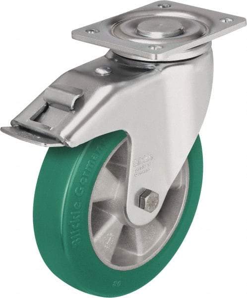 Blickle - 8" Diam x 2" Wide x 9-21/32" OAH Top Plate Mount Swivel Caster with Brake - Polyurethane-Elastomer Blickle Softhane, 1,540 Lb Capacity, Ball Bearing, 5-1/2 x 4-3/8" Plate - USA Tool & Supply