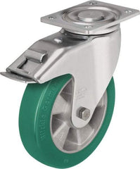 Blickle - 5" Diam x 2-1/8" Wide x 6-11/16" OAH Top Plate Mount Swivel Caster with Brake - Polyurethane-Elastomer Blickle Softhane, 990 Lb Capacity, Ball Bearing, 5-1/2 x 4-3/8" Plate - USA Tool & Supply