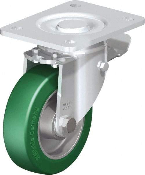 Blickle - 5" Diam x 1-9/16" Wide x 6-1/2" OAH Top Plate Mount Swivel Caster with Brake - Polyurethane-Elastomer Blickle Softhane, 770 Lb Capacity, Ball Bearing, 5-1/2 x 4-3/8" Plate - USA Tool & Supply