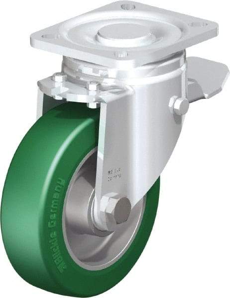 Blickle - 5" Diam x 1-9/16" Wide x 6-1/2" OAH Top Plate Mount Swivel Caster with Brake - Polyurethane-Elastomer Blickle Softhane, 770 Lb Capacity, Ball Bearing, 3-15/16 x 3-3/8" Plate - USA Tool & Supply