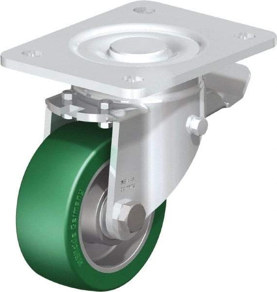 Blickle - 4" Diam x 1-9/16" Wide x 5-33/64" OAH Top Plate Mount Swivel Caster with Brake - Polyurethane-Elastomer Blickle Softhane, 660 Lb Capacity, Ball Bearing, 5-1/2 x 4-3/8" Plate - USA Tool & Supply