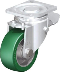 Blickle - 4" Diam x 1-9/16" Wide x 5-33/64" OAH Top Plate Mount Swivel Caster with Brake - Polyurethane-Elastomer Blickle Softhane, 660 Lb Capacity, Ball Bearing, 3-15/16 x 3-3/8" Plate - USA Tool & Supply