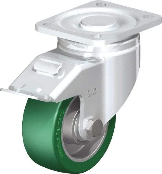 Blickle - 4" Diam x 1-9/16" Wide x 5-33/64" OAH Top Plate Mount Swivel Caster with Brake - Polyurethane-Elastomer Blickle Softhane, 660 Lb Capacity, Ball Bearing, 3-15/16 x 3-3/8" Plate - USA Tool & Supply